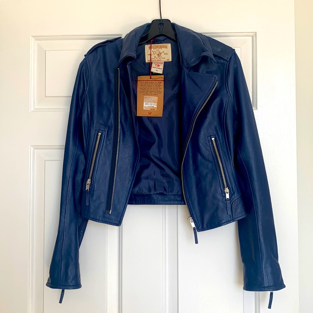 True Religion Navy Leather Moto Jacket